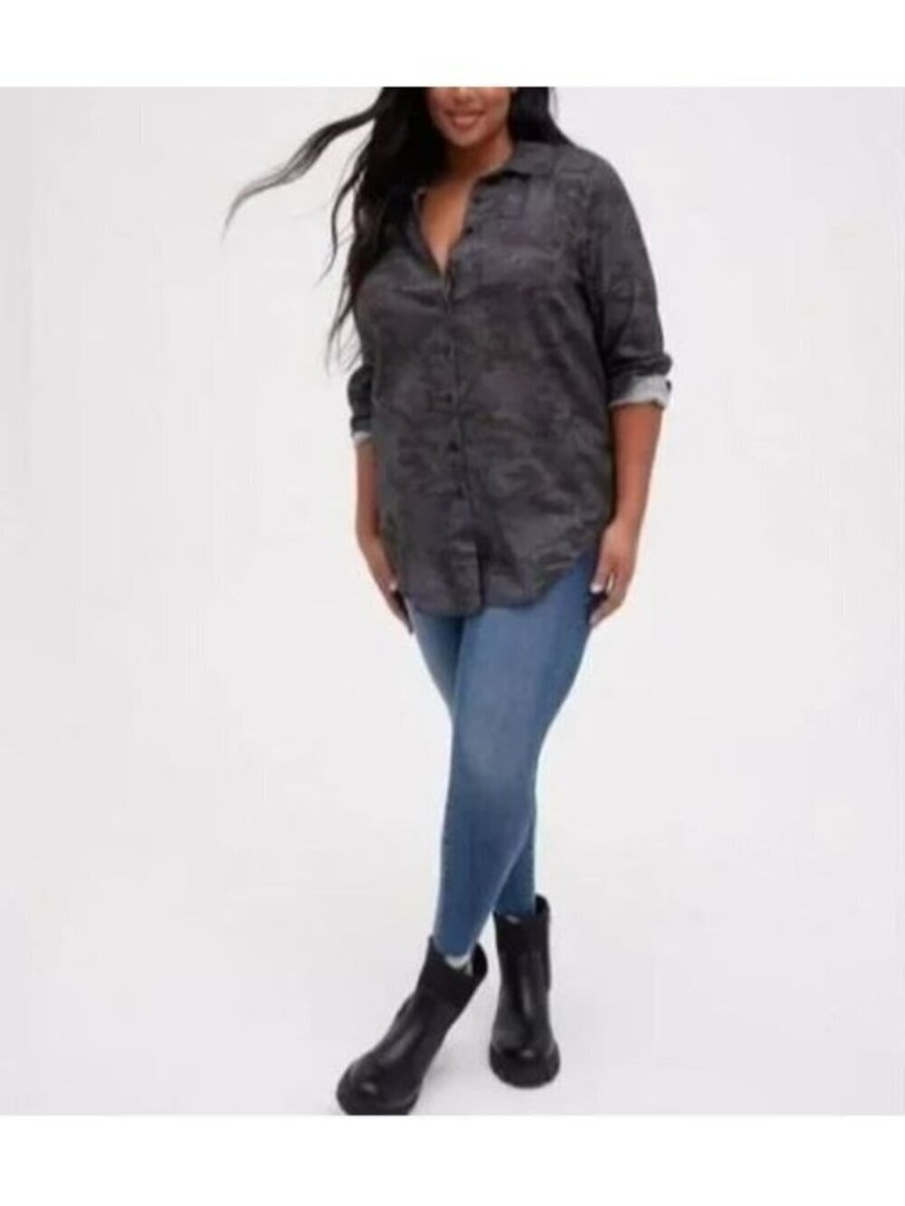 Torrid Top Womens Large Black Camo Animal Print Button Up Long Sleeve Boho